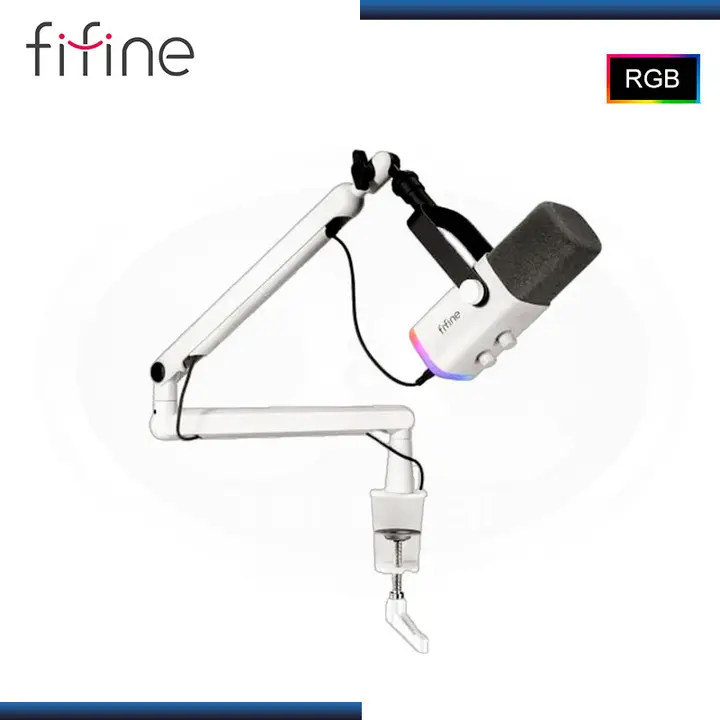 MIC Microfono Fifine TAM8 White Ampligame Dinamico RGB con Soporte de Brazo