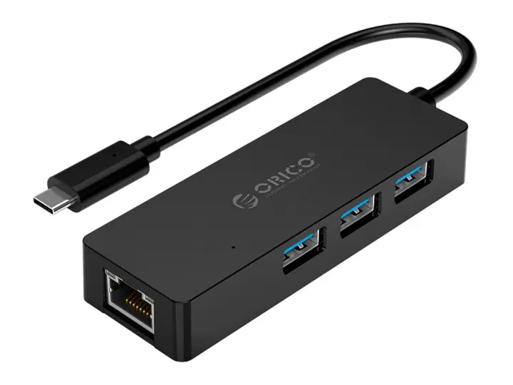 ADAPTADOR DE PUERTO TIPO C MACHO, CON 3 PUERTOS USB 3.0 HEMBRA, 1 ETHERNET RJ45 H, ORICO MULTIFUNCIONAL, COLOR NEGRO (CLH-3AR-BK)