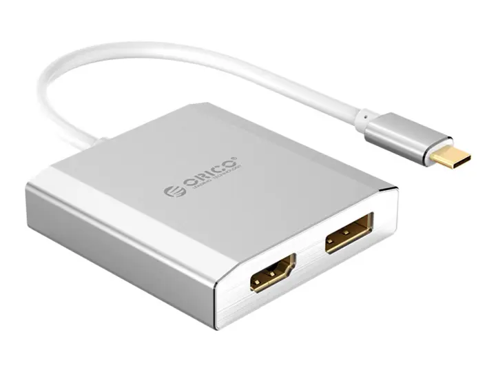 ADAPTADOR DE PUERTO TIPO C MACHO -- A -- PUERTO HDMI + PUERTO DISPLAYPORT HEMBRA, ORICO, COLOR BLANCO (XD-CFHD4-SV-BP)
