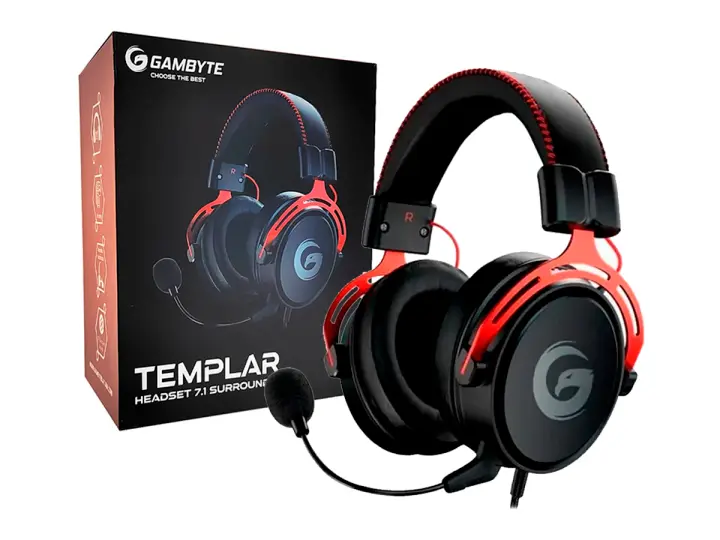 GAMBYTE TEMPLAR 7.1 GAMING (BMBH43AR) CON MICROFONO, INTERFAZ JACK 3.5 MM, NEGRO C/ ROJO