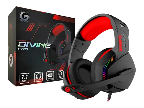 GAMBYTE DIVINE PRO GAMING 7.1 (GI-DIVINE-KT) CON MICROFONO, INTERFAZ USB, LED RGB, NEGRO C/ ROJO