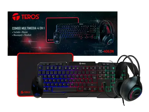TEROS COMBO 4 EN UNO TEROS GAMER TE4063N (KBMSHDSTE4063N) TECLADO LED, MOUSE LED, AURICULAR LED, PAD MOUSE, NEGRO