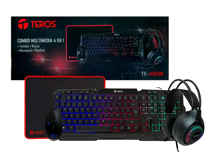 TEROS COMBO 4 EN UNO TEROS GAMER TE4063N (KBMSHDSTE4063N) TECLADO LED, MOUSE LED, AURICULAR LED, PAD MOUSE, NEGRO