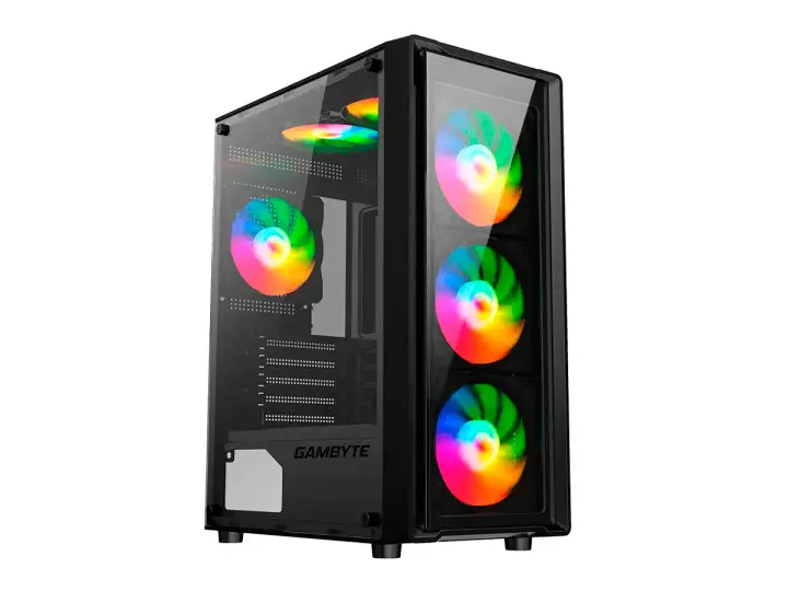 GAMBYTE SHIELD S/FUENTE (CS-SHI4RBWKG-LG) PANELES DE VIDRIO, 5 VENTILADORES, LED RAINBOW, NEGRO