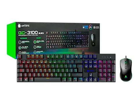 ANTRYX COMBO 2 EN UNO ANTRYX GC-3100 BLACK (AGC-3100KBL-SP) TECLADO SWITCH BLUE, LED RGB, MOUSE 7 BOTONES, 7200 DPI, NEGRO