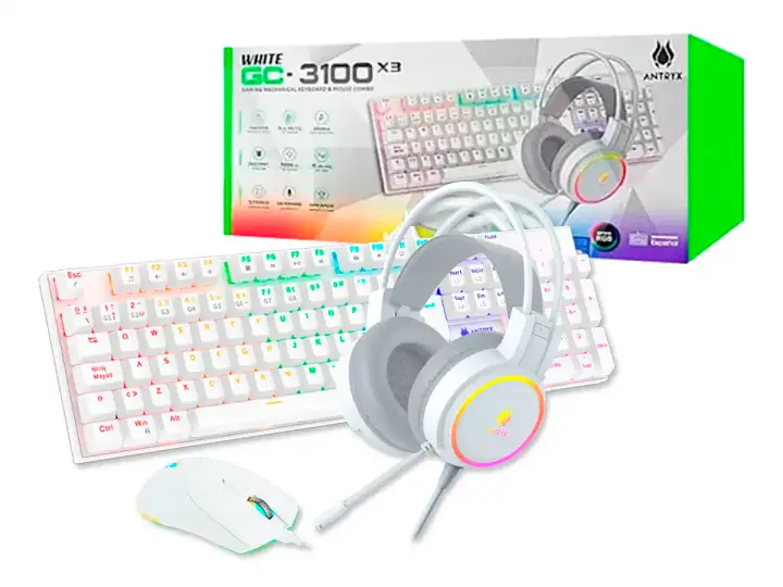 ANTRYX COMBO 3 EN UNO ANTRYX GC-3100 X3 WHITE (AGC-3100X3WBL-SP) TECLADO MECANICO, SWITCH BLUE, MOUSE 7 BOTONES, 7200 DPI, AURICULAR RGB