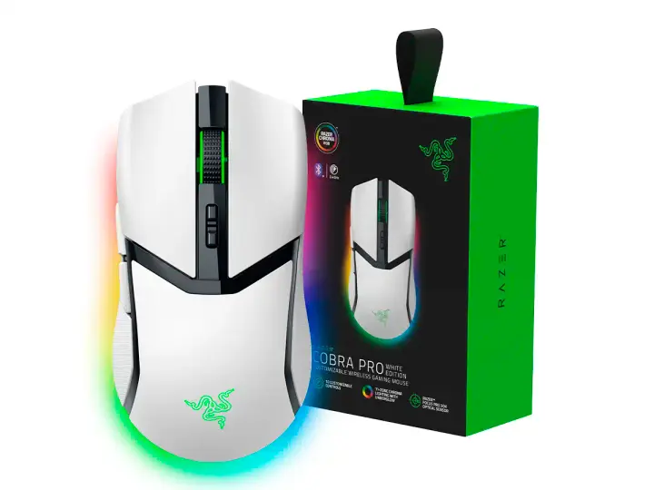 RAZER INALAMBRICO RAZER COBRA PRO (RZ01-04660200-R3U1) 30.000 DPI, 10 BOTONES PROGRAMABLES, RECEPTOR USB, USB C, BT, RGB, BLANCO