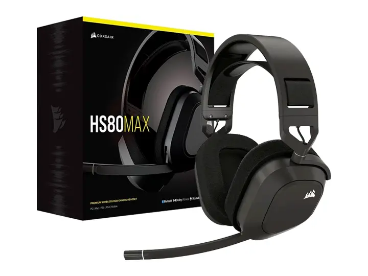 CORSAIR HS80 MAX WIRELESS, CON MICROFONO, CONTROL DE VOLUMEN, ALMOHADILLAS SUAVES, COLOR STEELGRAY