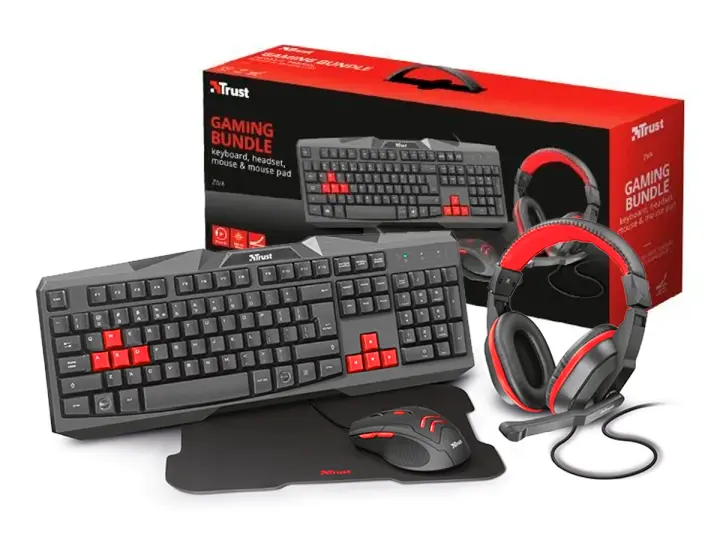 TRUST COMBO 4 EN UNO TRUST ZIVA GAMING TECLADO+ AURICULAR+MOUSE + MOUSEPAD, NEGRO