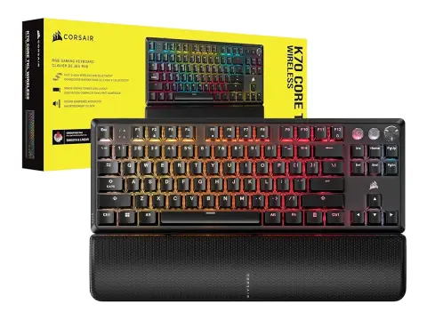 CORSAIR GAMER INALAMBRICO CORSAIR K70 CORE WIRELESS (CH-914901E-NA) MECANICO, SWITCH RED, LED RGB, NEGRO, CON REPOSA MANO