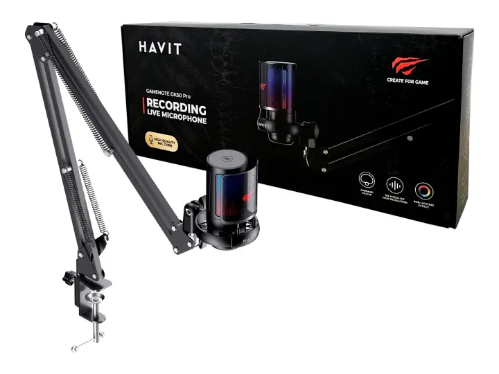 MIC MICROFONO GAMER HAVIT GK50 PRO NEGRO RGB C/BRAZO