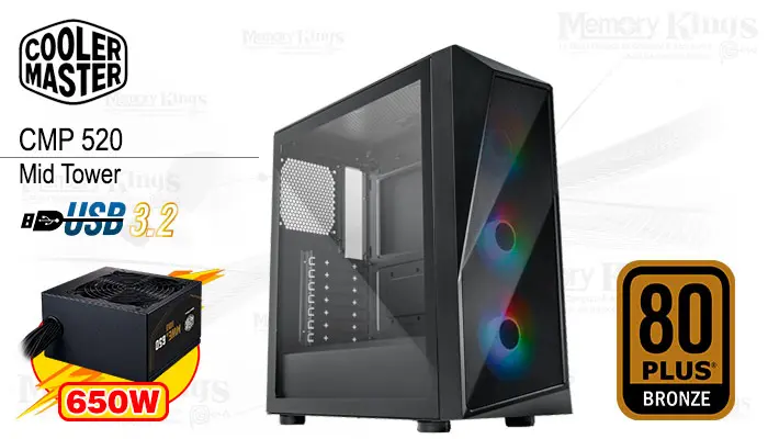 Cooler Master Mid Tower 650W 80 Plus Bronze Cmp 520 (3in1) Case + Fuente + Cooler CPU