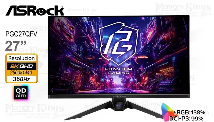 ASRock 27 PGO27QFV Phantom Gaming 2K QHD OLED 360HZ 0.03MS con Antena de WiFi Integrado