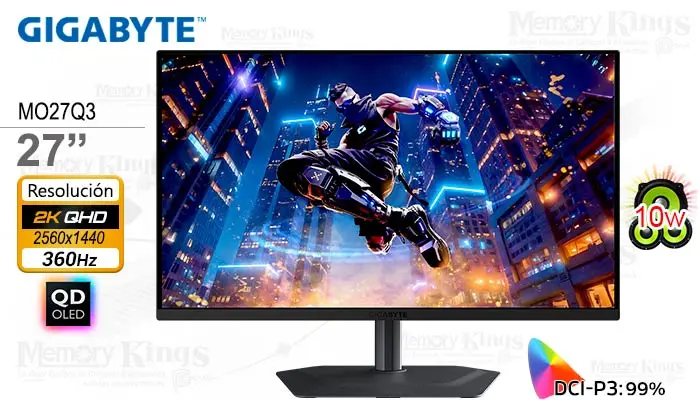 Gigabyte 27 MO27Q3 QD-OLED 2K QHD 360HZ 0.03MS, Pivote con Parlante Integrado