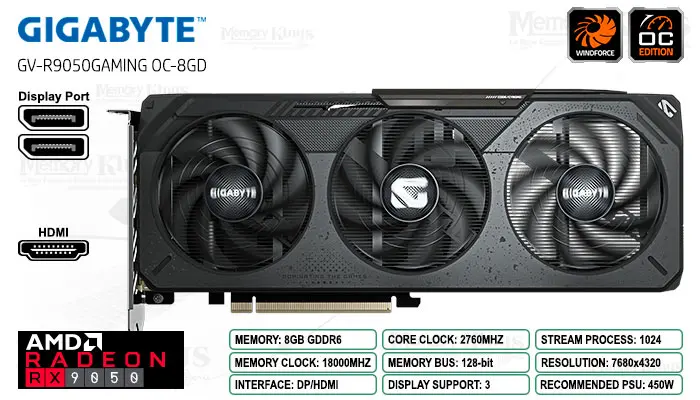 Gigabyte Radeon RX 9050 8GB 128 Bit Gaming OC Windforce