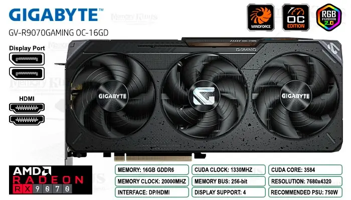 Gigabyte Radeon RX 9070 16GB 256 Bit Gaming OC