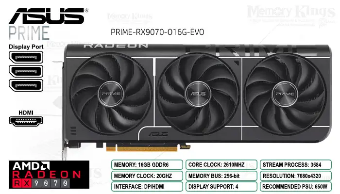 ASUS Radeon RX 9070 16GB 256 Bits Prime Evo OC