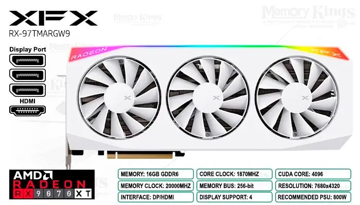 XFX Radeon RX 9070 XT 16GB 256 Bits Mercury White RGB con Ventiladores Magnetic Air