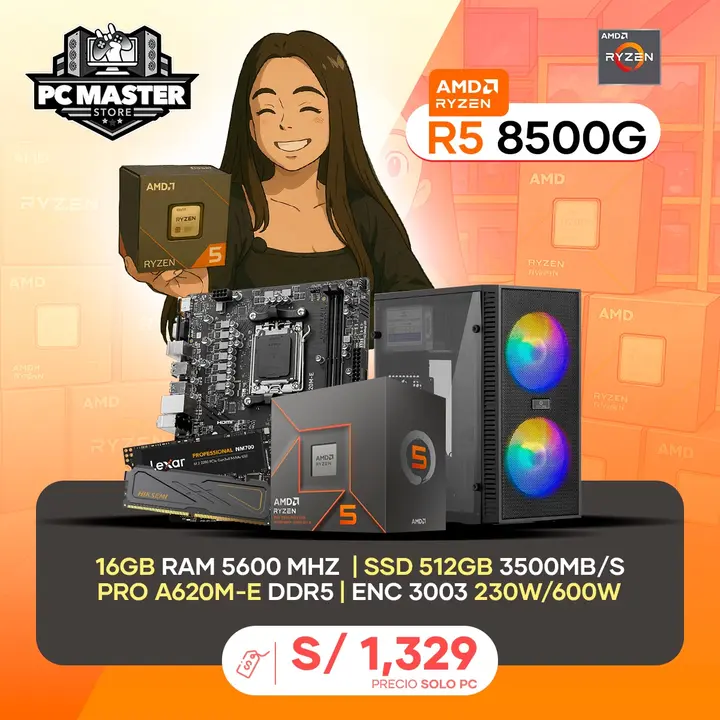 PC Ryzen 5 8500G + 16GB DDR5 + 500GB M.2 + A620