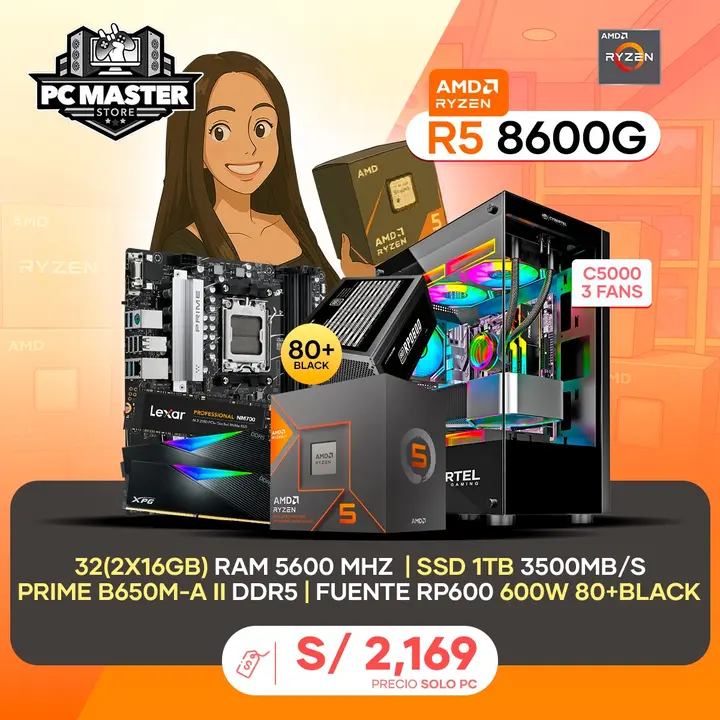 PC Ryzen 5 8600G + 32GB DDR5 + 1TB M.2 + B650M + 600W + Epico