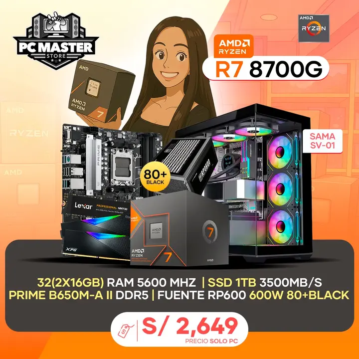 PC Ryzen 7 8700G + 32GB DDR5 + 1TB M.2 + B650M + 600W + Sama SV01