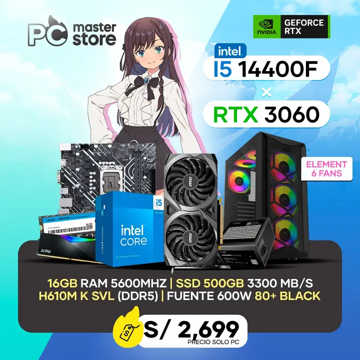 Intel PC I5 14400F + H610M + 16GB DDR5 + 500GB M.2 + RTX 3060 + Element + 600W 80+