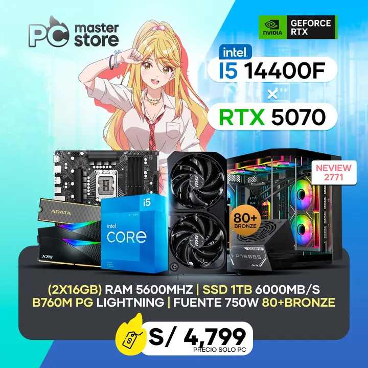 Intel PC I5 14400F + B760M + 32GB DDR5 + 1TB M.2 + RTX 5070 + Neview 2771 + 750W 80+