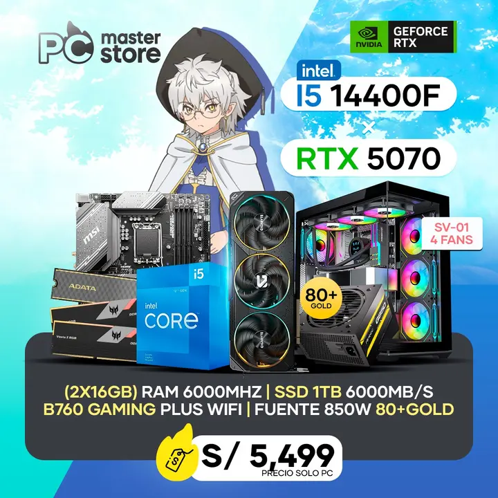 Intel PC I5 14400F + B760 WIFI + 32GB DDR5 + 1TB M.2 + RTX 5070 + SV01 + 850W 80+