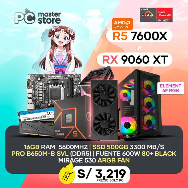 PC Ryzen 5 7600X + B650M + 16GB DDR5 + 500GB M.2 + RX 9060XT + Element + 600W