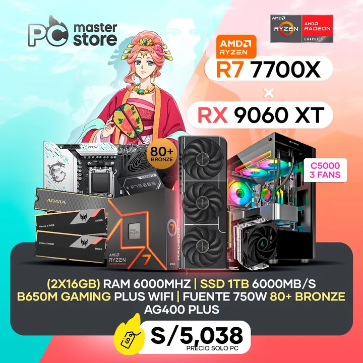 PC Ryzen 7 7700X + B650M + 32GB DDR5 + 1TB M.2 + RX 9060XT 16GB + Poseidon + 750W Bronze