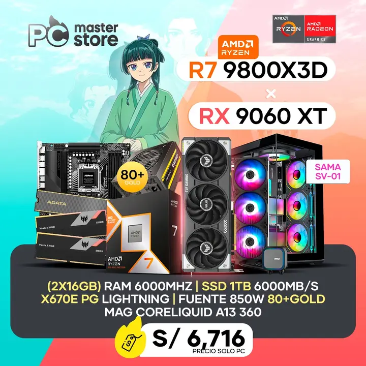PC Ryzen 7 9800X3D + X670E + 32GB DDR5 + 1TB M.2 + RX 9060XT 16GB + Sama + 850W Gold
