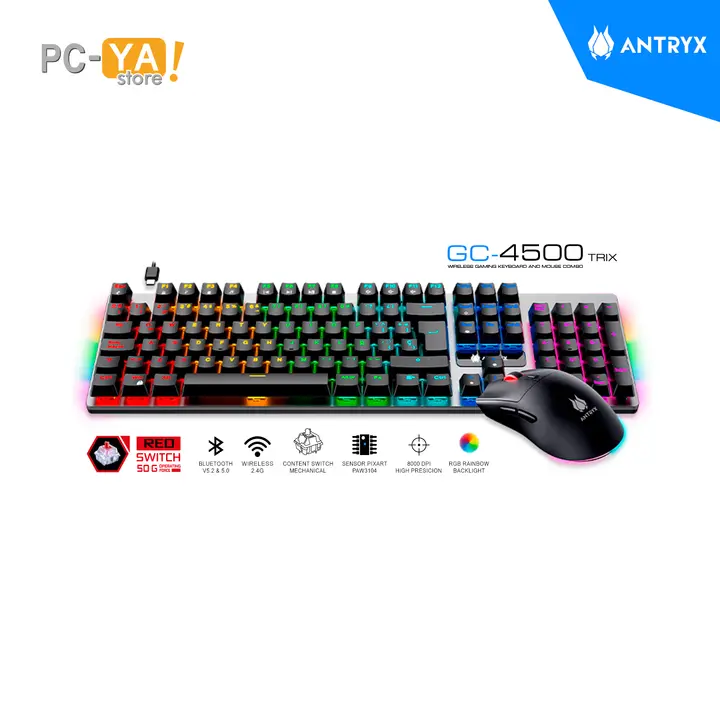 Antryx Kit GC-4500 Trix Teclado y Mouse Inalambrico Mecanico RGB Wireless 2.4G Bluetooth V5.0 Cable USB, Switch Red