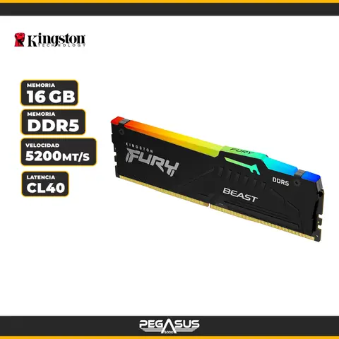 KINGSTON FURY BEAST 16GB DDR5-5200MT/S PC5- CL40, RGB (KF552C40BBA-16)