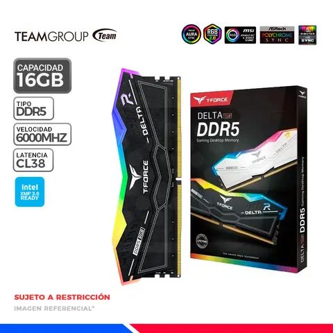 TEAM MEM. RAM TEAMGROUP T-FORCE DELTA RGB, BLACK, 16GB DDR5 6000 Mhz.