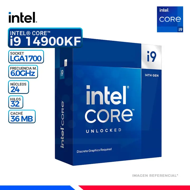 Intel CORE i9-14900KF, Cache 36 MB, Hasta 6.00 Ghz.