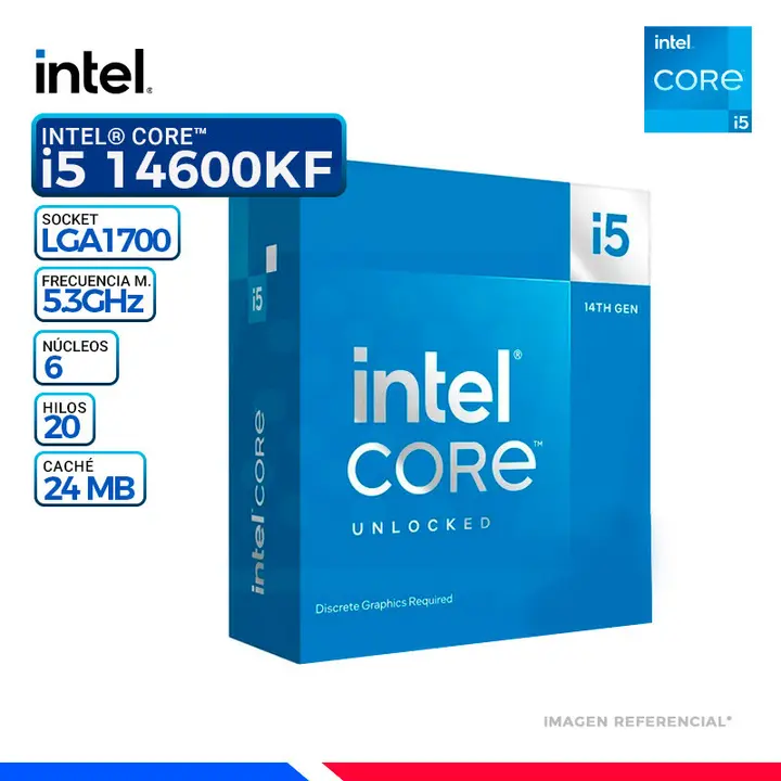 Intel CORE i5-14600KF, Cache 24MB, Hasta 5.3 Ghz.