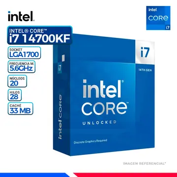 Intel CORE i7-14700KF, Cache 33 MB, Hasta 5.6 Ghz.