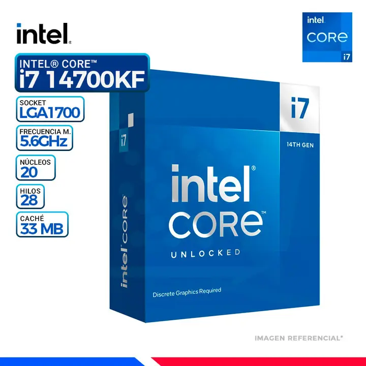 Intel CORE i7-14700KF, Cache 33 MB, Hasta 5.6 Ghz.