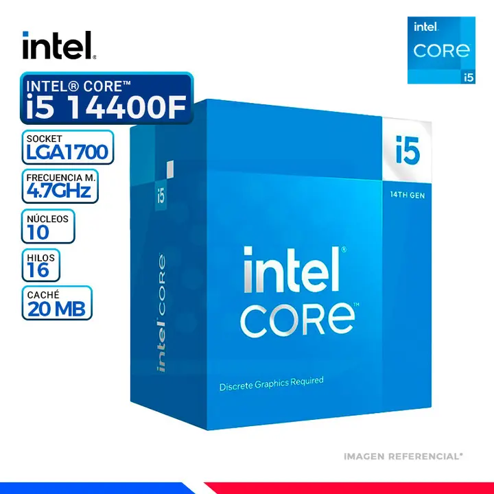 Intel CORE i5-14400F, Cache 20 MB, Hasta 4.70 Ghz.