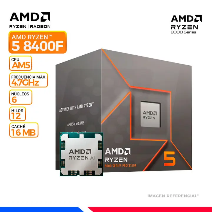 AMD RYZEN 5 8400F, Cache 16 MB, Hasta 4.7 Ghz, AM5