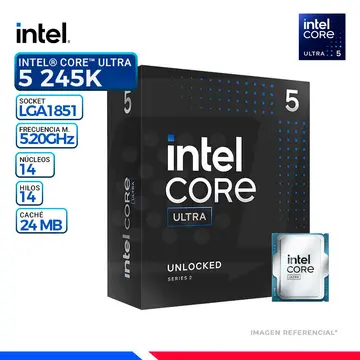 Intel CORE ULTRA 5 245K, Cache 24 MB, Hasta 5.20 Ghz.