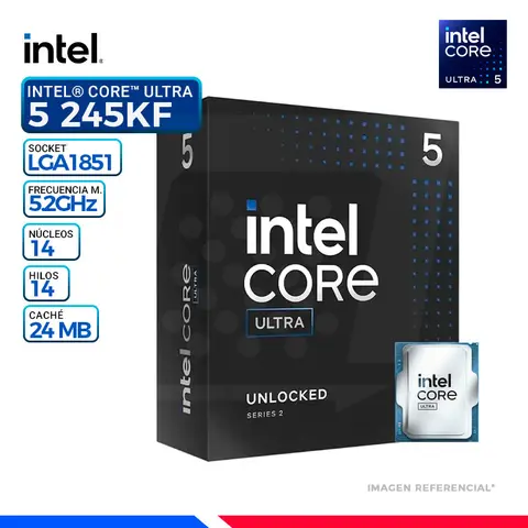 Intel CORE ULTRA 5 245KF, Cache 24 MB, Hasta 5.2 Ghz.