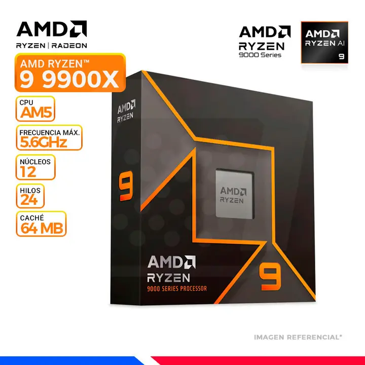 AMD RYZEN 9 9900X, Cache 64 MB, Hasta 5.6 Ghz, AM5