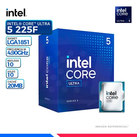 Intel CORE ULTRA 5 225F, Cache 20MB, Hasta 4.90 GHz.