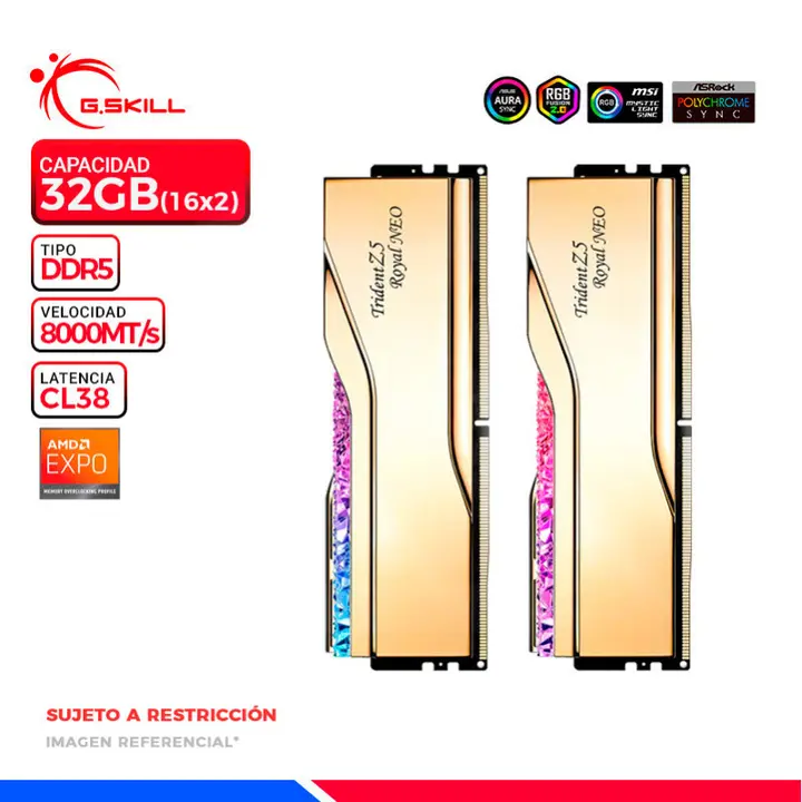 G.SKILL MEM. RAM G.SKILL TRIDENT Z5 ROYAL NEO, GOLD, 32GB (16x2) DDR5 8000MT/s, CL38