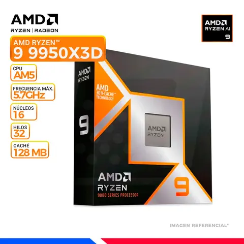 AMD RYZEN 9 9950X3D, Cache 128 MB, Hasta 5.7 Ghz, AM5