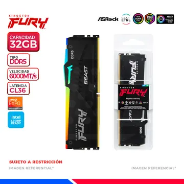 KINGSTON MEM. RAM KINGSTON FURY BEAST RGB, 32GB DDR5 6000 MHz, CL36